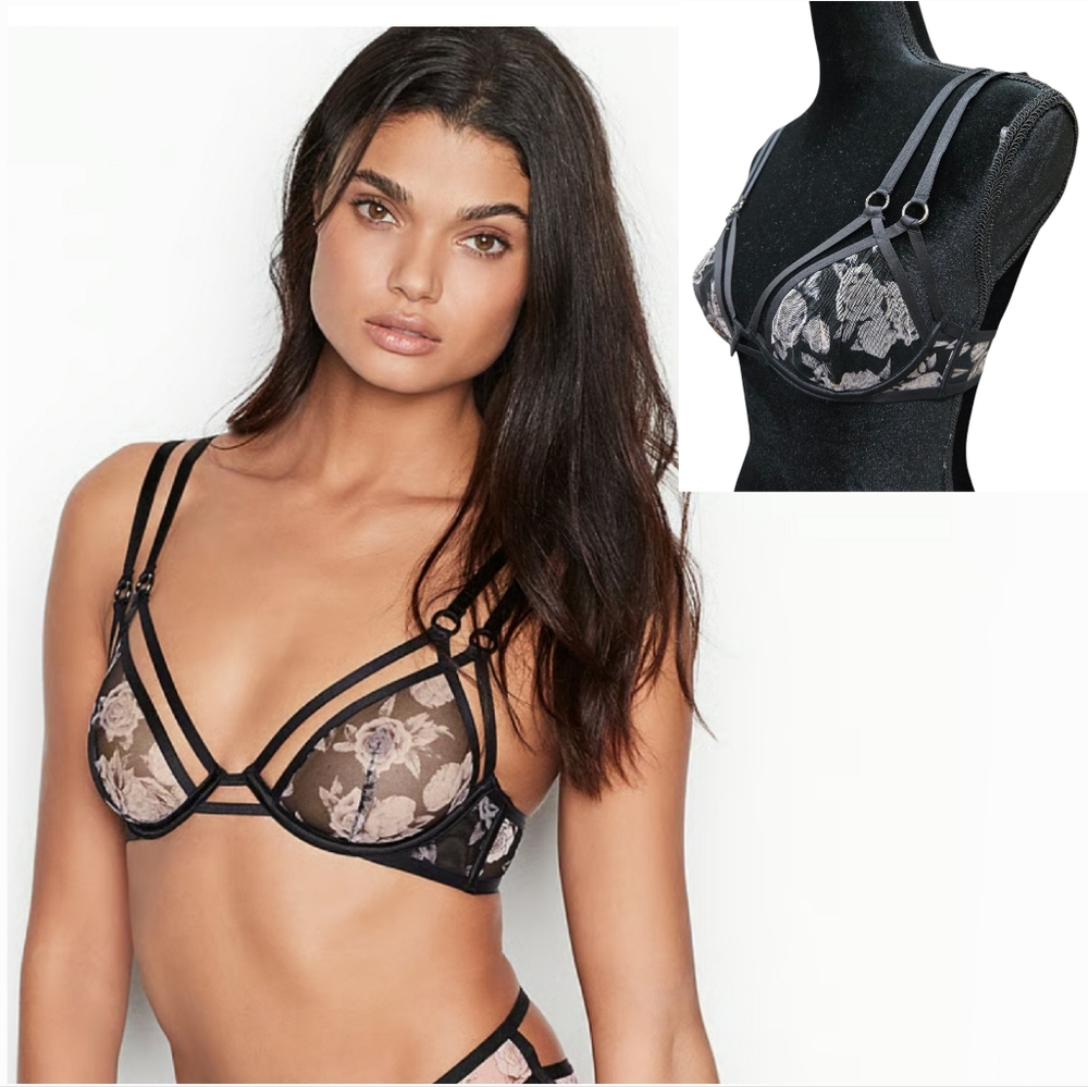 Victoria's Secret VERY SEXY Unlined RingFloral Plunge Strappy Bra 32C